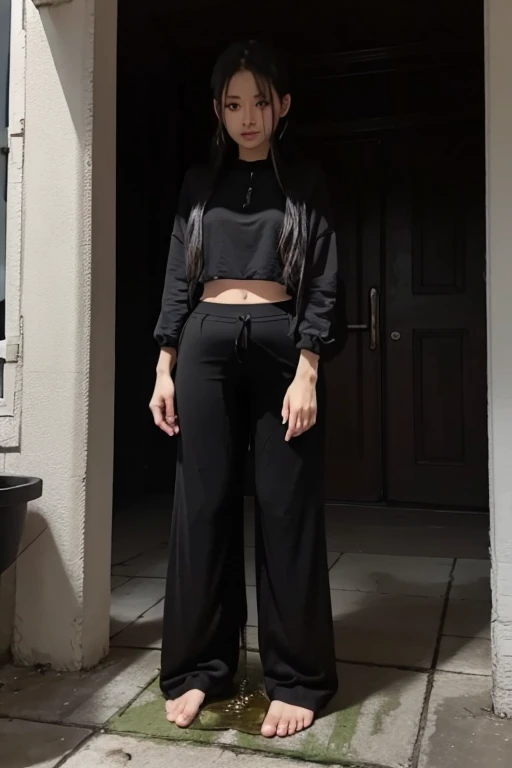 Malay Girl thin body sees the ghost and pees her black palazzo pants until her pants are wet in fright.