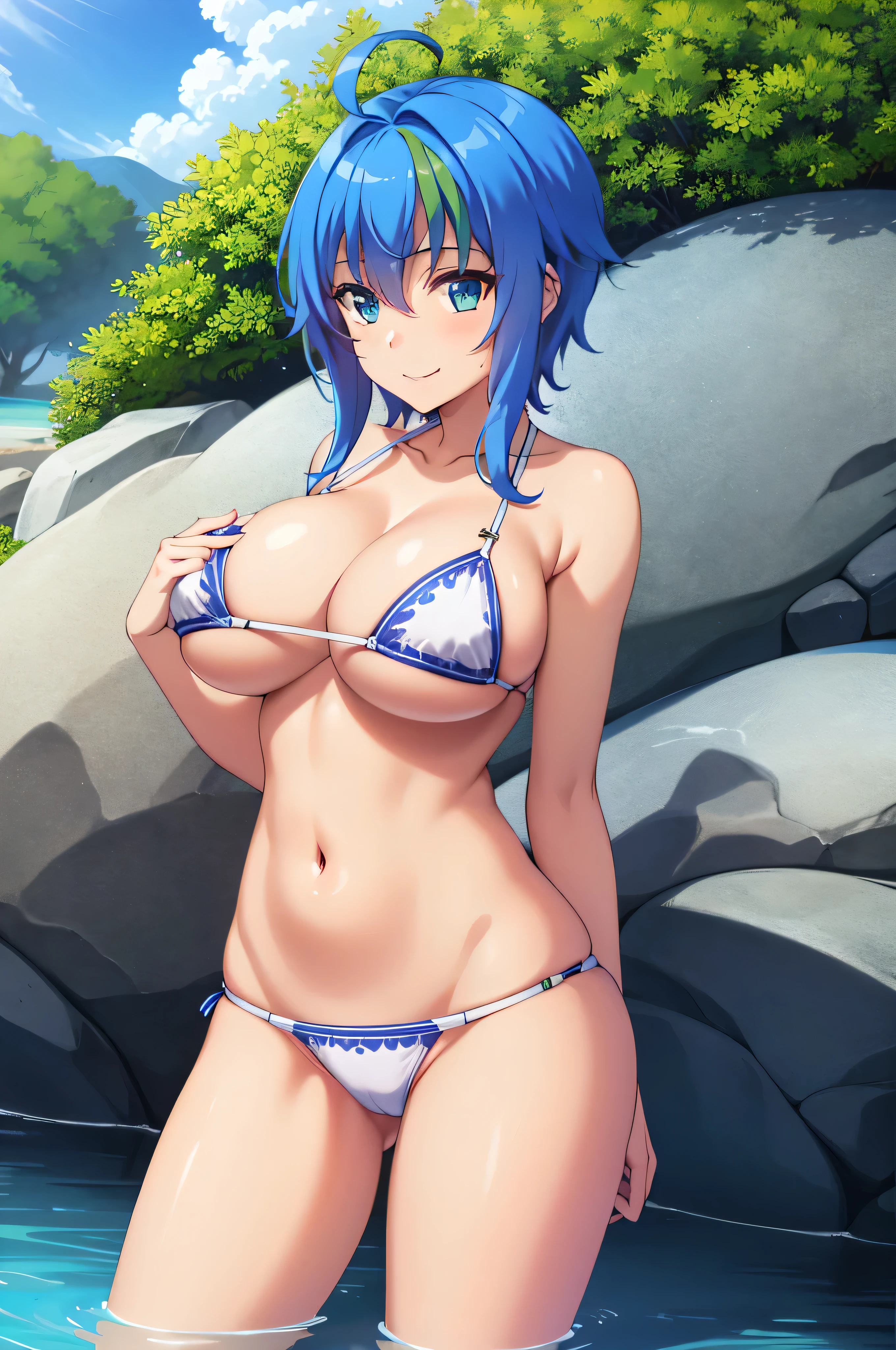 best quality, masterpiece, detailed,
XenoviaQuarta,
1girl, closed mouth, smile,
(multicolored hair, blue hair, green hair:1.2), short hair, ahoge, brown eyes,
(big breasts:1.2), BREAK (cowboy shot:1.5), BREAK (masterpiece:1.2), best quality, high resolution, unity 8k wallpaper, (illustration:0.8), (beautiful detailed eyes:1.6), extremely detailed face, perfect lighting, extremely detailed CG, (perfect hands, perfect anatomy), RAW photo, (high detailed skin:1.2), 8k uhd, dslr, high quality, ((blue eye)) , bare shoulders, masterpiece, HDR, UHD, 4K, ocean, island, outdoors, bright sky, sunny, clear sky, in water, wet, white bikini, small bikini, string bikini, two piece bikini, thong panties, huge breasts, big breasts, white thong, cleavage, slim waist, slim stomach, slim, underboob, sideboob, nice thighs, nice ass, big ass, cameltoe, full body frame,