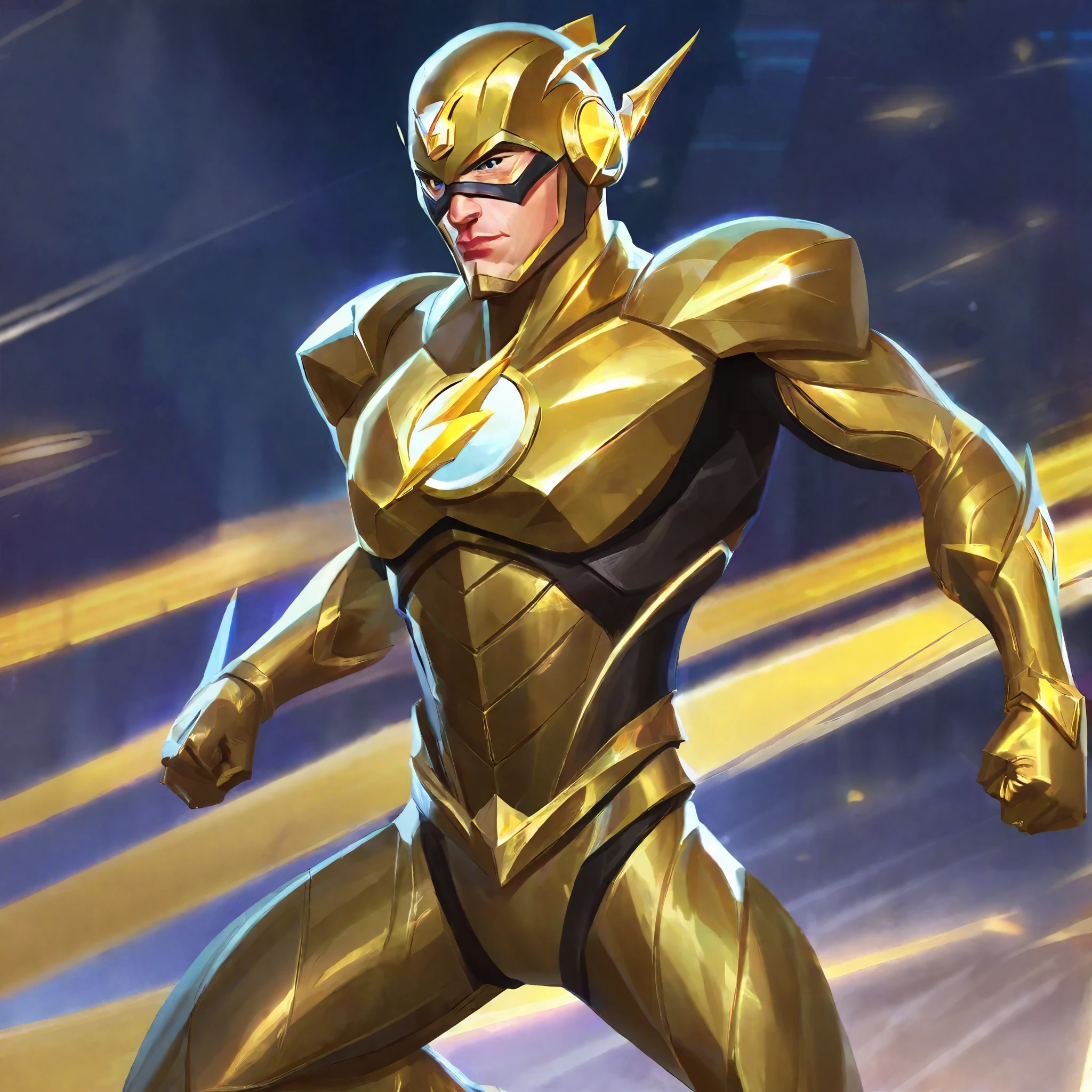 Flash with a gold costume suit, Game Artwork style, highly detailed, perfectly human ???????