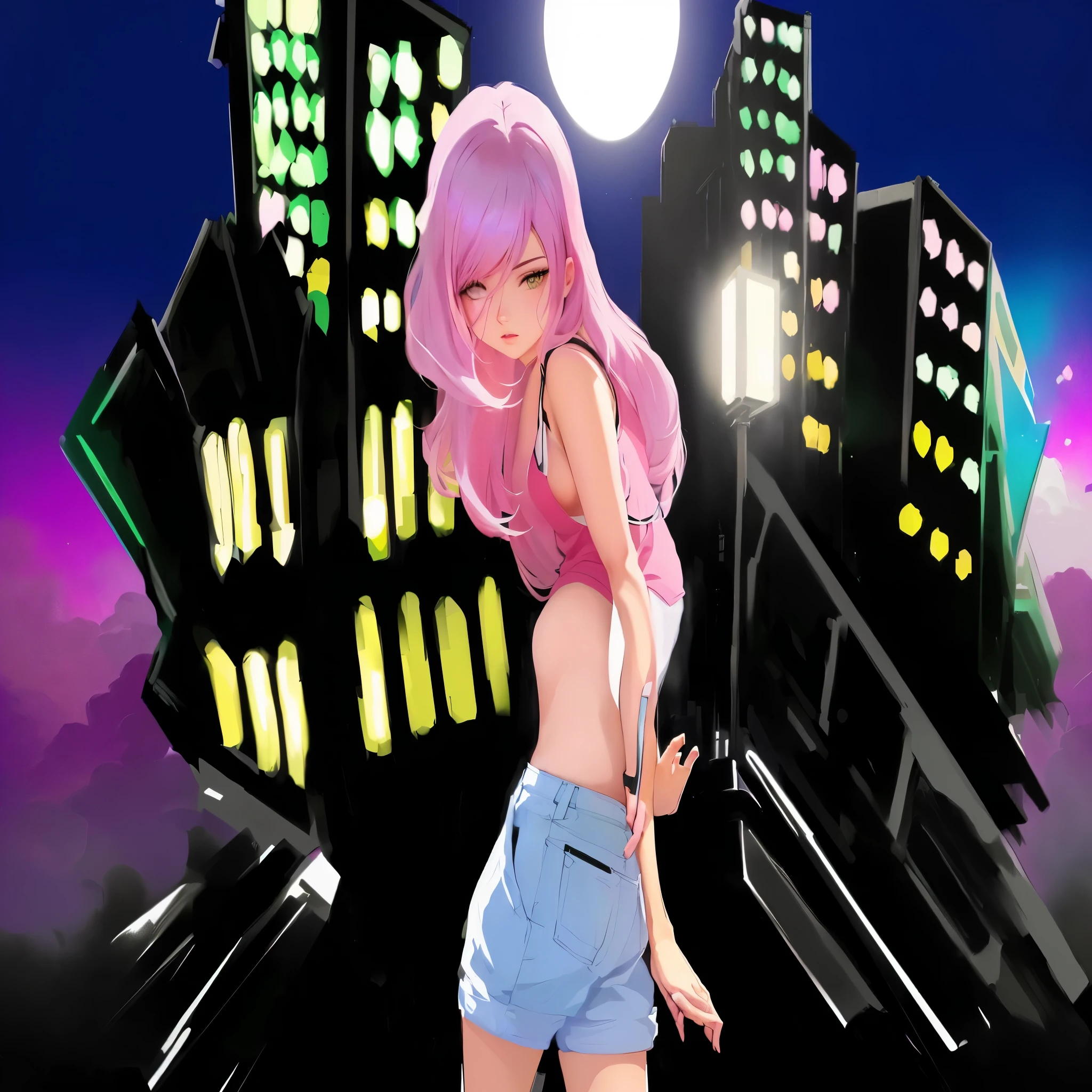 garota de desenho animado com blusa rosa e shorts azuis andando na frente de uma cidade, fanart de garota urbana, paisagem urbana estilo anime, arte de fundo, estilo de arte de anime, vida noturna, hero pose colorful city lighting, digital anime art!!, anime style illustration, in digital illustration style, Rosa, art deco supera anime estética, estilo anime 2d, noite