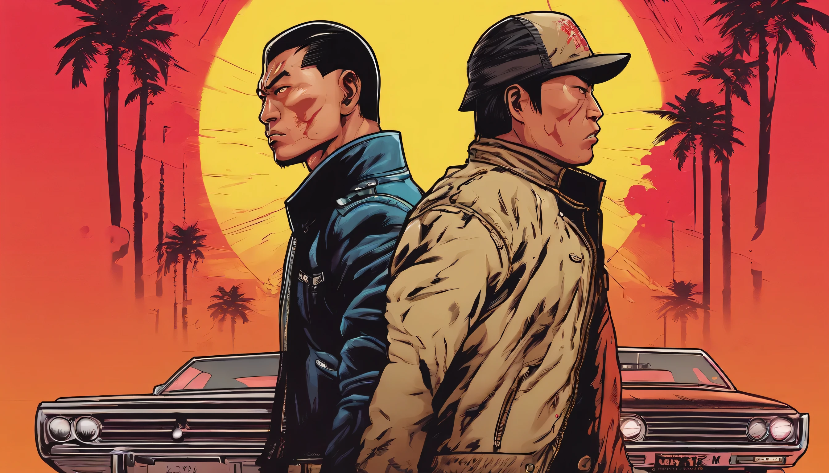 neo-noir, Sin City style, gritty, film grain, heavy rain, low angle BREAK two men fighting martial arts, a 30 year old Chinese man wearing a black leather jacket, white t-shirt, 20 year old Chinese man, Triad gang, tattoos Yakuza