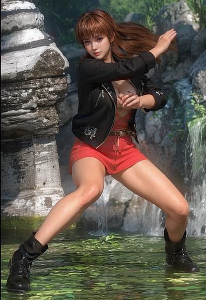 Kasumi, brown eyes, (best quality, ultra-detailed), (realistic:1.37), beautiful and detailed face, ultra-realistic texture, delicate face, delicate body, red lipstick, bright colors. High definition, 8K, cute smilling