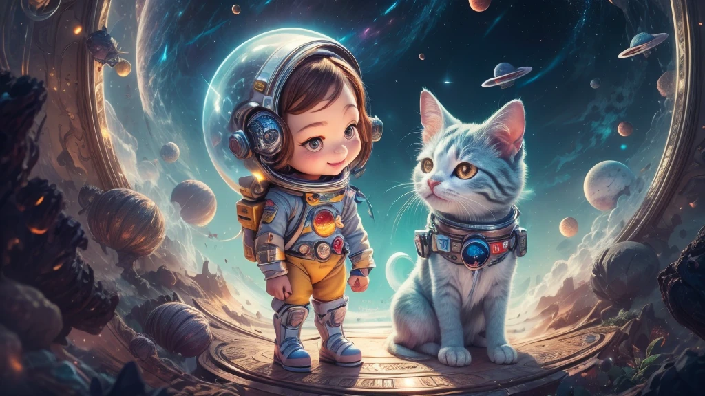 Cartoon illustration of a boy and a girl in space with cat, official fan art, in space, kitten in outer space, in outer space, in deep space, in galaxies, deep space exploration!!!, space travel, wearing in stars and planets, outer space, outer space, starry sky in space, in space, official art, space, on a spaceship, colorful, cute, more detailed, light, more realistic, cartoon