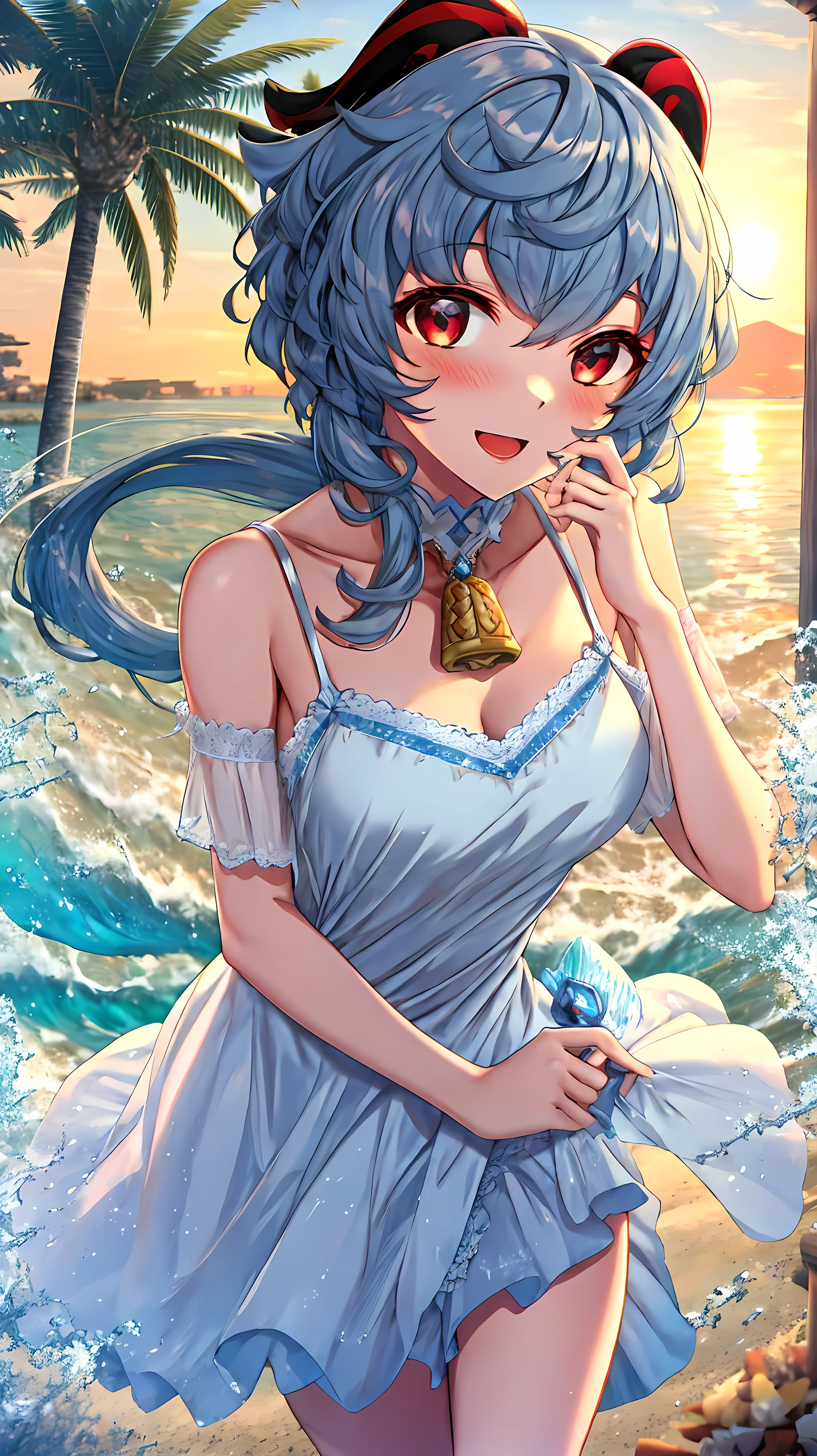 1girl, ganyu \(genshin impact\), Red eyes, a shiny beautiful glowing, natural wave hair, floating hair, shiny color eyes, one eye closed, happy smile, soft cheeks, nose blush, open mouth, in front view BREAK cowboy shot, large breasts, (pure white chemise dress:1.3), (sheer:1.2) BREAK (detailed scenery:1.5), Walking on the beach, ultra realistic photo, outdoors, (Quiet sea scenery:1.3), rim light, cinematic lighting, beautiful lighting BREAK (masterpiece,highest quality)), Super detailed, Shine, shine, Ray Tracing, (Perfect Face, Detailed face, Fine grain, Perfect hands, Perfect Fingers:1.5), hd, Super cute face,(Cute illustrations:1.3), (High chroma:1.5)
