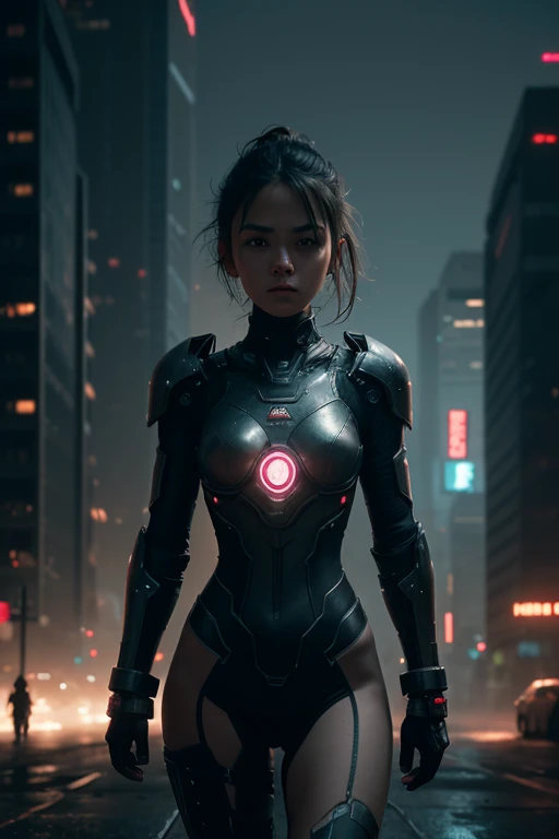 a cute , nude, 16 years old, wearing high tech armor, tiny body, flat chest, destroyed city in the background, ultra-detailed, 8k, photorealistic, professional, concept art, dark moody lighting, dramatic lighting, cinematic composition, intricate details, hyper-realistic, moody atmosphere, dystopian, cyberpunk, neon lights