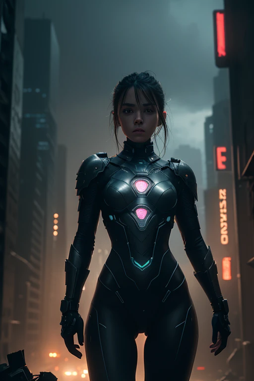 a cute , nude, 16 years old, wearing high tech armor, tiny body, flat chest, destroyed city in the background, ultra-detailed, 8k, photorealistic, professional, concept art, dark moody lighting, dramatic lighting, cinematic composition, intricate details, hyper-realistic, moody atmosphere, dystopian, cyberpunk, neon lights