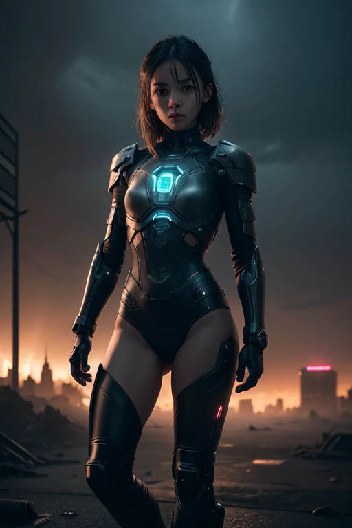 a cute , nude, , wearing high tech armor, tiny body, flat chest, destroyed city in the background, ultra-detailed, 8k, photorealistic, professional, concept art, dark moody lighting, dramatic lighting, cinematic composition, intricate details, hyper-realistic, moody atmosphere, dystopian, cyberpunk, neon lights