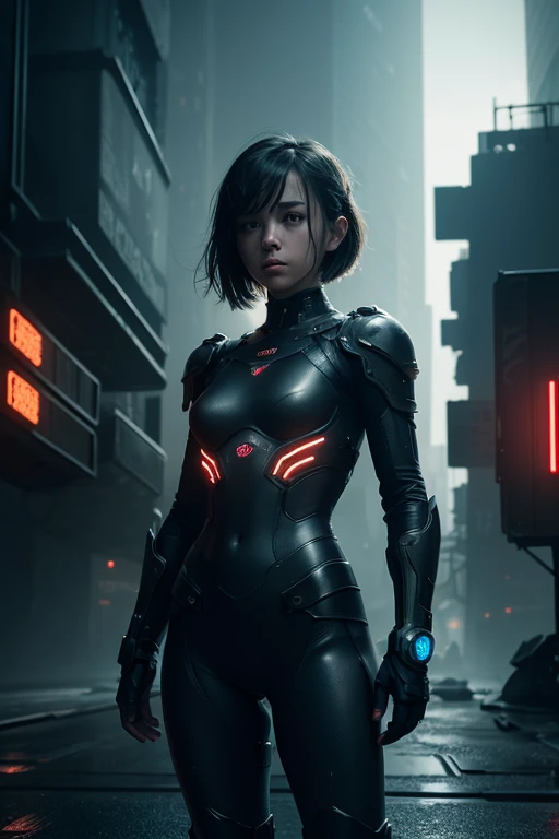 a cute , nude, , wearing high tech armor, tiny body, flat chest, destroyed city in the background, ultra-detailed, 8k, photorealistic, professional, concept art, dark moody lighting, dramatic lighting, cinematic composition, intricate details, hyper-realistic, moody atmosphere, dystopian, cyberpunk, neon lights