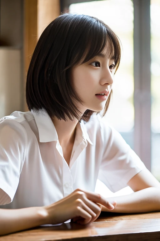 table top, highest quality, figure, super detailed, finely, High resolution, 8k wallpaper, Perfect dynamic composition,Beautiful woman at 30 years old,sexy,Japanese、short cut hair、Wearing a white shirt with short sleeves、one shirt button is missing,