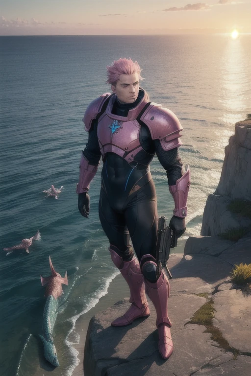 1boy, pink armor, scifi laser rifle, 8k, uhd, best quality, masterpiece, intricate, overlooking the ocean on the edge of a rock, in the style of avian-themed, realistic yet stylized, villagecore, azure, orange and azure, dragoncore, aerial view, axolotl humanoid, axolotl feelers, pink skin, axolotl mutant, black bodysuit glove, black bodysuit armor, wh40k Tau