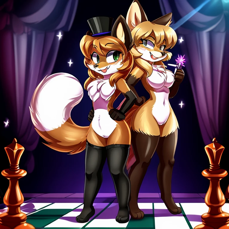 Nervous smiling, uploaded the e621, beautiful and detailed, woman (((female))) ((anthro)) Fox, (Averi, Fox girl), cinematic lighting, Fox, (anthro, fluffy fur), 1girl, anthro fox girl, body fur, curvy, sexy, nice, cute, hot, comfortable anime-style cartoon-style, digital drawing, SFW, flat chest, green eyes, sassy, sassy hips, smug, fangs, chess, giant chess board, standing on a human sized chess board, wearing magical top hat, magic wand in hand, magic, magic trick, cards, on knees, houdini