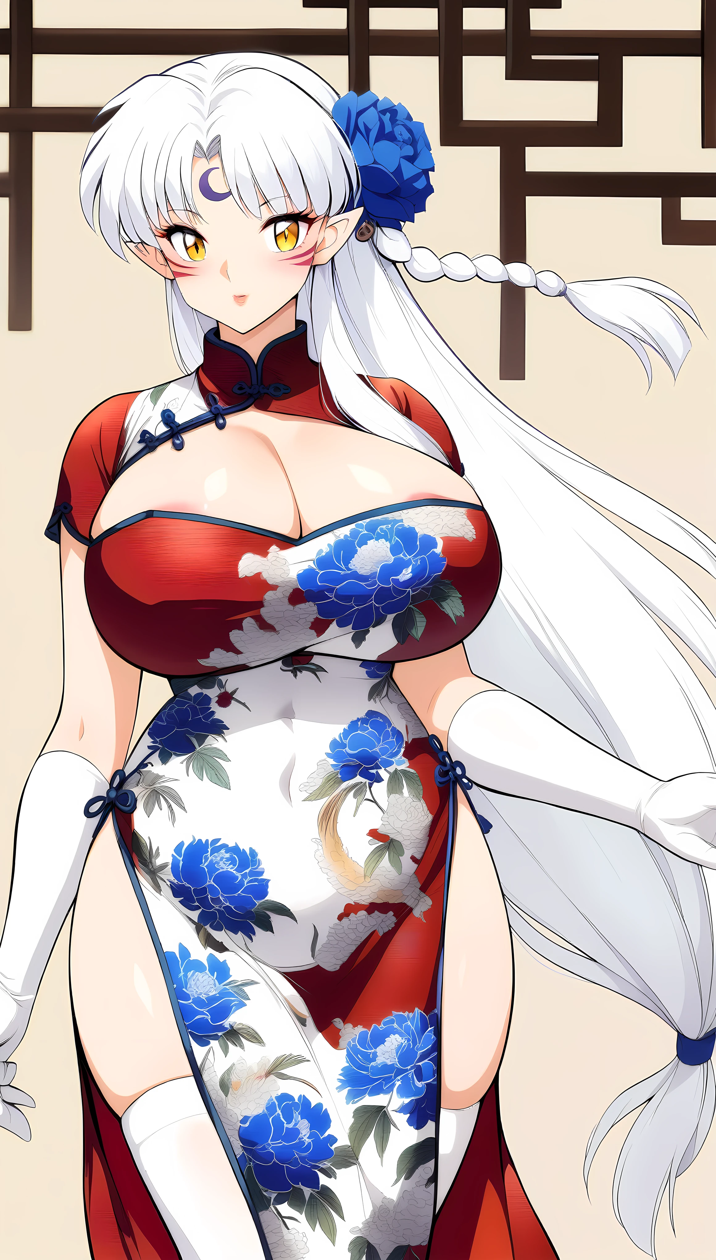 1girl,Sesshoumaru,sesshoumaru,mature female,(scornful eyes),yellow eyes,parted bangs,pointy ears,white hair,very long hair,red facial mark,forehead mark,alternate costume,arm at side,blush,braid,breasts,china dress,chinese clothes,curvy,dress,elbow gloves,bare shoulder,sleeveless,cleavage cutout,floral print,gloves,(blue and white porcelain gorgeous qipao,china dress,chinese clothes,dress),gigantic breasts,areola slip,hip vent,print dress,indoors,holding,lips,looking at viewer,parted bangs,short sleeves,single braid,solo,standing,thick thighs,upturned eyes,white thighhighs,wide hips,