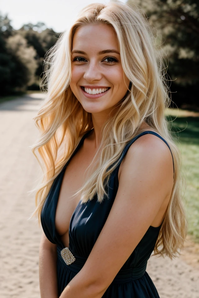 RAW photo, photo of beautiful 26 y.o woman,, blond hair, wearing dress, happy face, hard shadows, cinematic shot, dramatic lighting