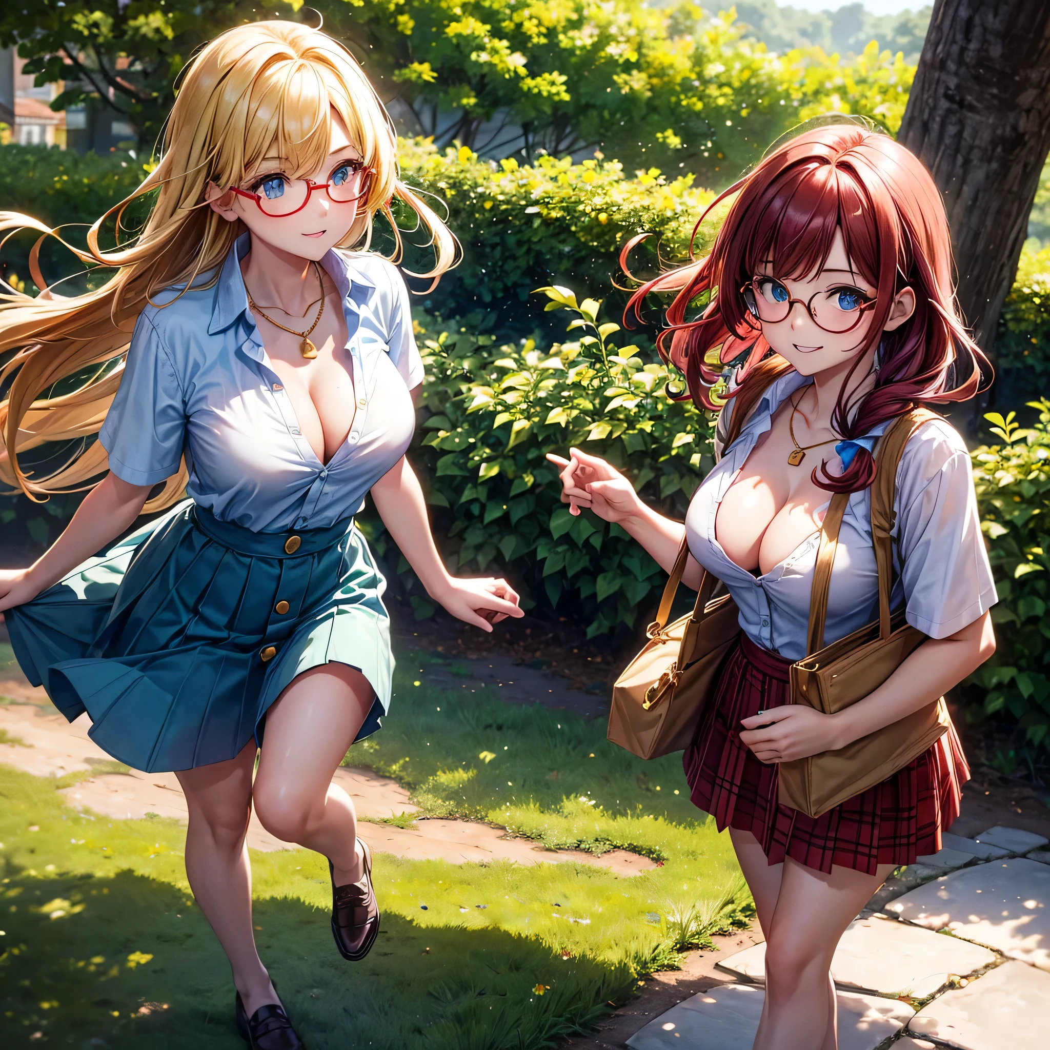 One girl, whole body, summer, village, wood, sun, cloud, ((Colorful Hair)), Big Breasts, button down, blue eyes, ((red, White and green shirt)), ((Unbuttoned shirt)), Unbutton a button, ((Short sleeve shirt)), Black mini skirt, Brown shoes, Grin, Looking at the audience, Are standing, red, White and green hair ribbon, Cleavage, ((Golden Necklace)),Round Glasses