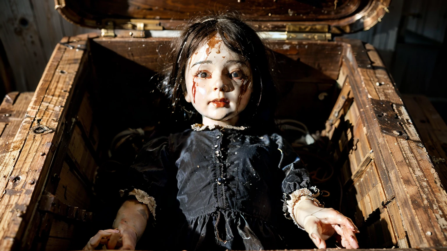 Creepy, disturbing antique doll filled with red liquid on top, inside a detailed large wooden coffin.