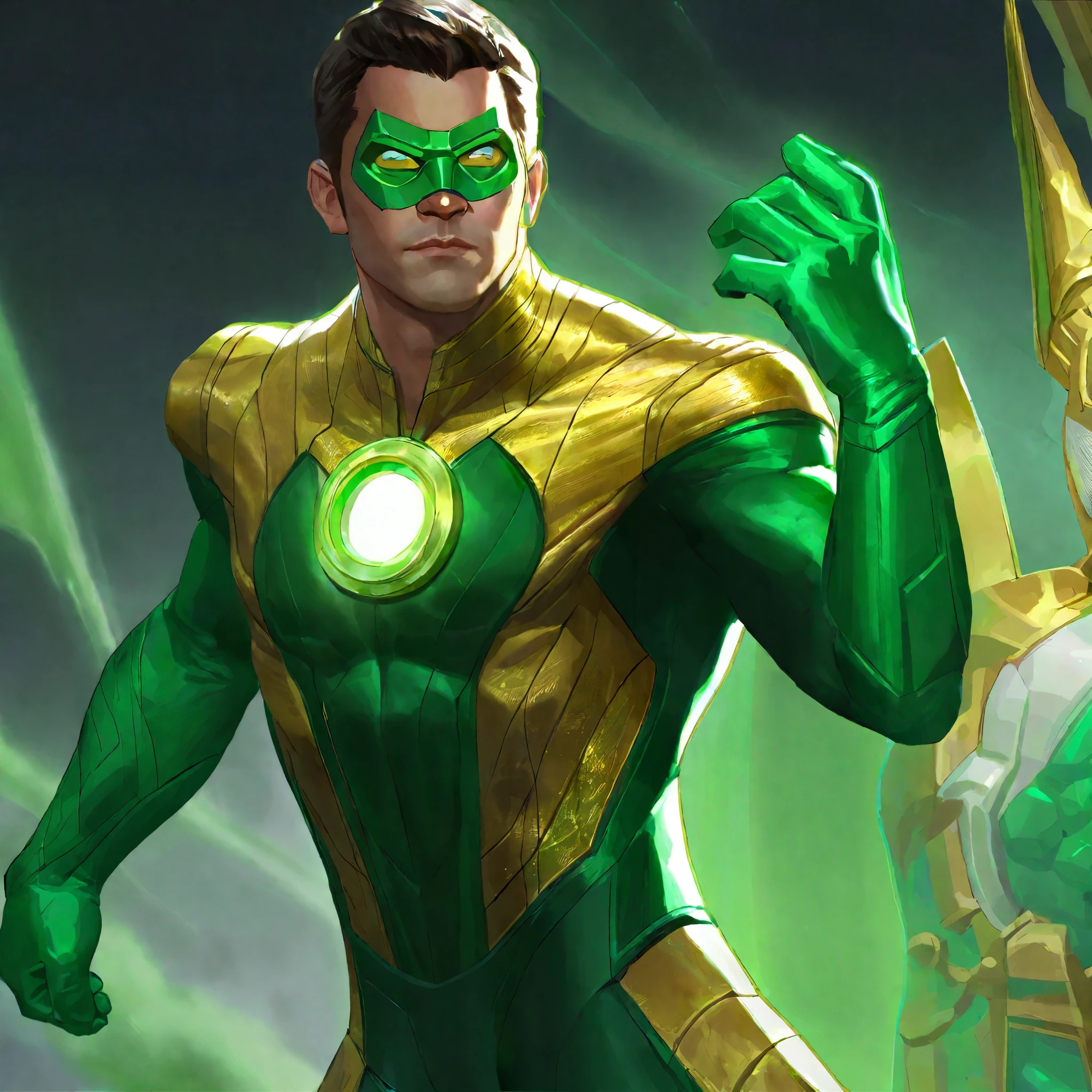 Green Lantern with a gold costume suit, Game Artwork style, highly detailed, perfectly human anatomy