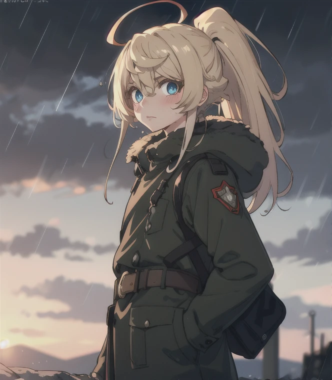 score_9, score_8_up, score_7_up BREAK TanyaDegurechaff, 1girl, solo, long hair, looking at viewer, blush, bangs, blue eyes, blonde hair, long sleeves, hair between eyes, closed mouth, standing, ponytail, ahoge, sidelocks, cowboy shot, outdoors, belt, blurry, uniform, coat, wet, military, military uniform, cross, rain, epaulettes, hand in pocket, black coat, hands in pockets, wet hair, source_anime,