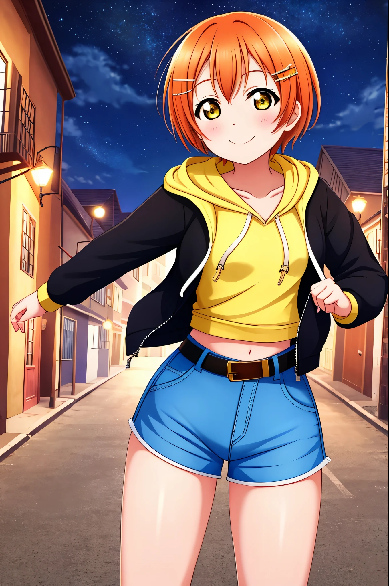 Masterpiece, best quality, cowboy shot, Hoshizora rin, orange hair, floating hair, yellow eyes,solo, looking_at_viewer, blush, short_hair, long_sleeves, collarbone, yellow_eyes, hair ornaments, village street, hood, bare_legs,crop hoodie, navel ,standing, hood_down, zipper, naked_hoodie,thicc thighs, shorts, normal belt, smile , night 