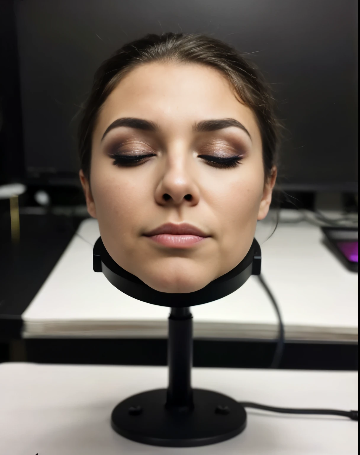 ((disembodied head on desk stand)), young, wearing makeup, extremely detailed skin texture, (eyes closed), (realistic), realistic natural lighting, (best image, best quality)