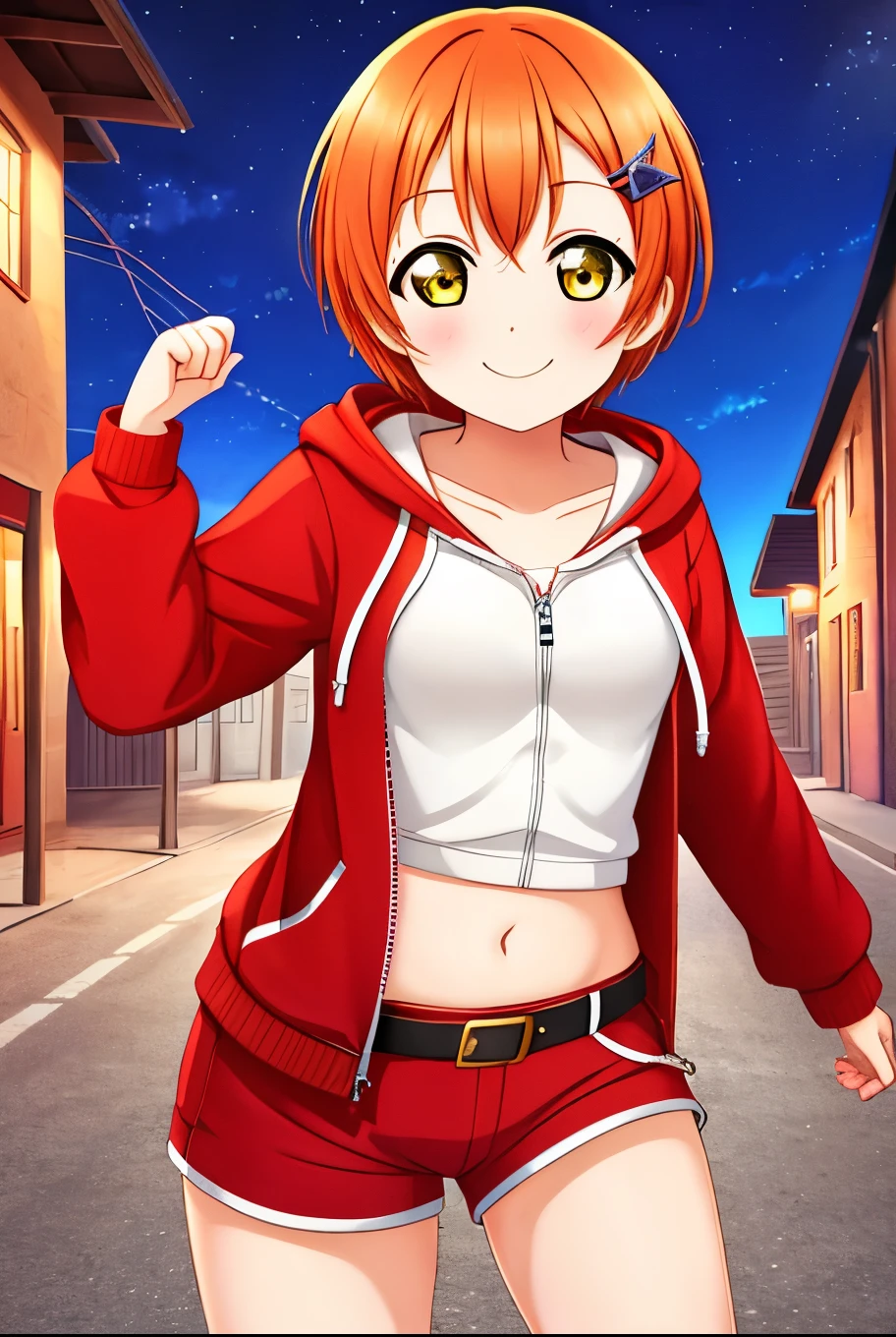 Masterpiece, best quality, cowboy shot, Hoshizora rin, orange hair, floating hair, yellow eyes,solo, looking_at_viewer, blush, short_hair, long_sleeves, collarbone, yellow_eyes, hair ornaments, village street, hood, bare_legs,red hoodie, navel ,standing, hood_down, zipper, naked_hoodie,thicc thighs,red shorts, normal belt, smile , night 