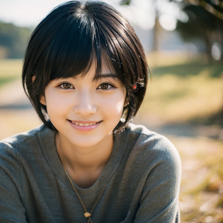 Portraiture, 8k, high quality, Realistic Photographic Images, 17 years old, Japanese women, Neat, small, Natural and realistic eyes, Beautiful black hair, short hair, light makeup, Octane Rendering, Beautiful lighting, Golden ratio composition, smile, Casual wear, Casual clothing, Natural background, Blurred Background