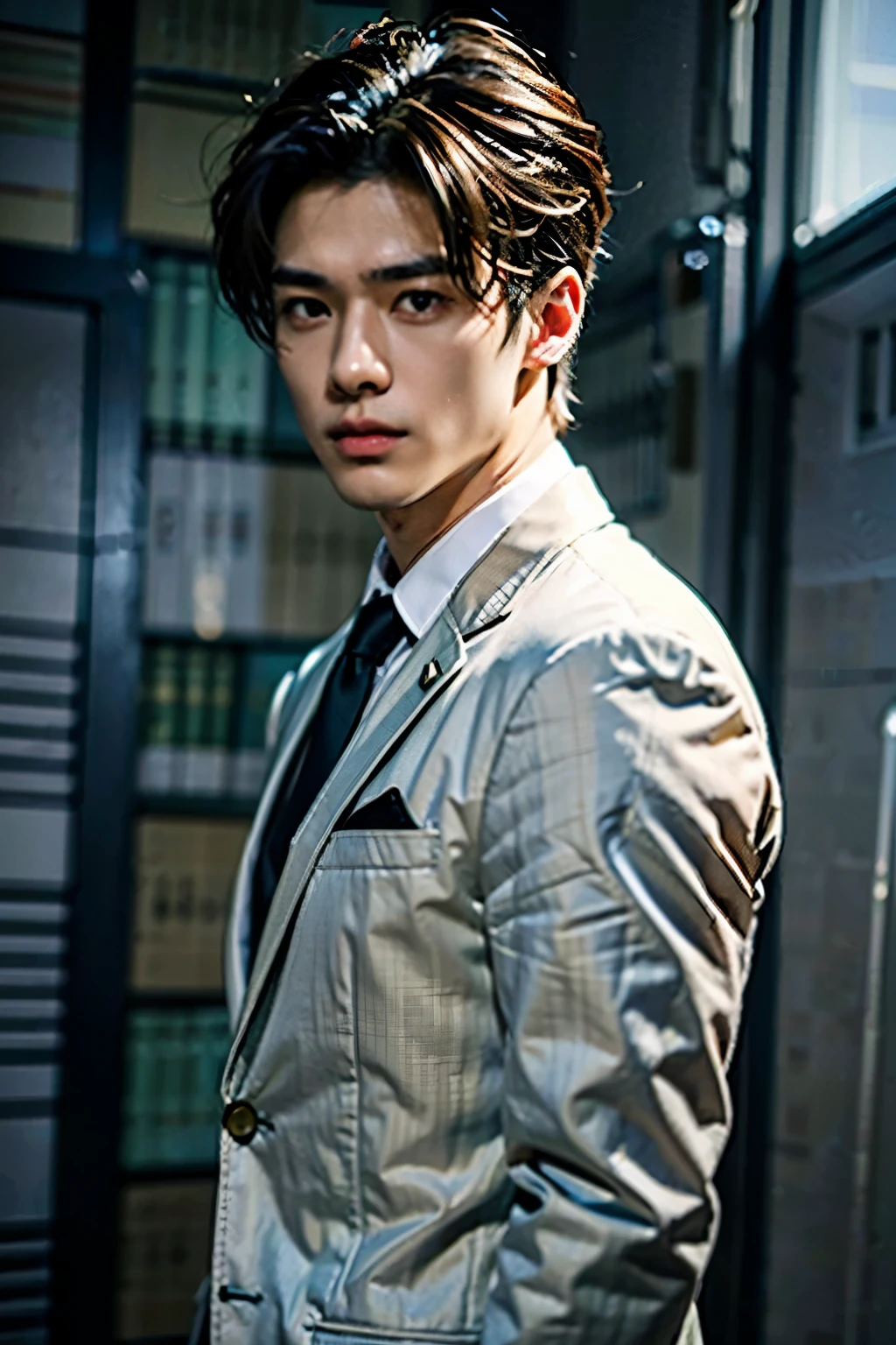 Men, lawyer, masterpiece, detailed, wide shoulders,cold, handsome face, Japanese, olive eyes, short dirty blonde hair, wearing suit, slick back hair, strong chin, very muscular, green eyes, looks tough, broad shoulders