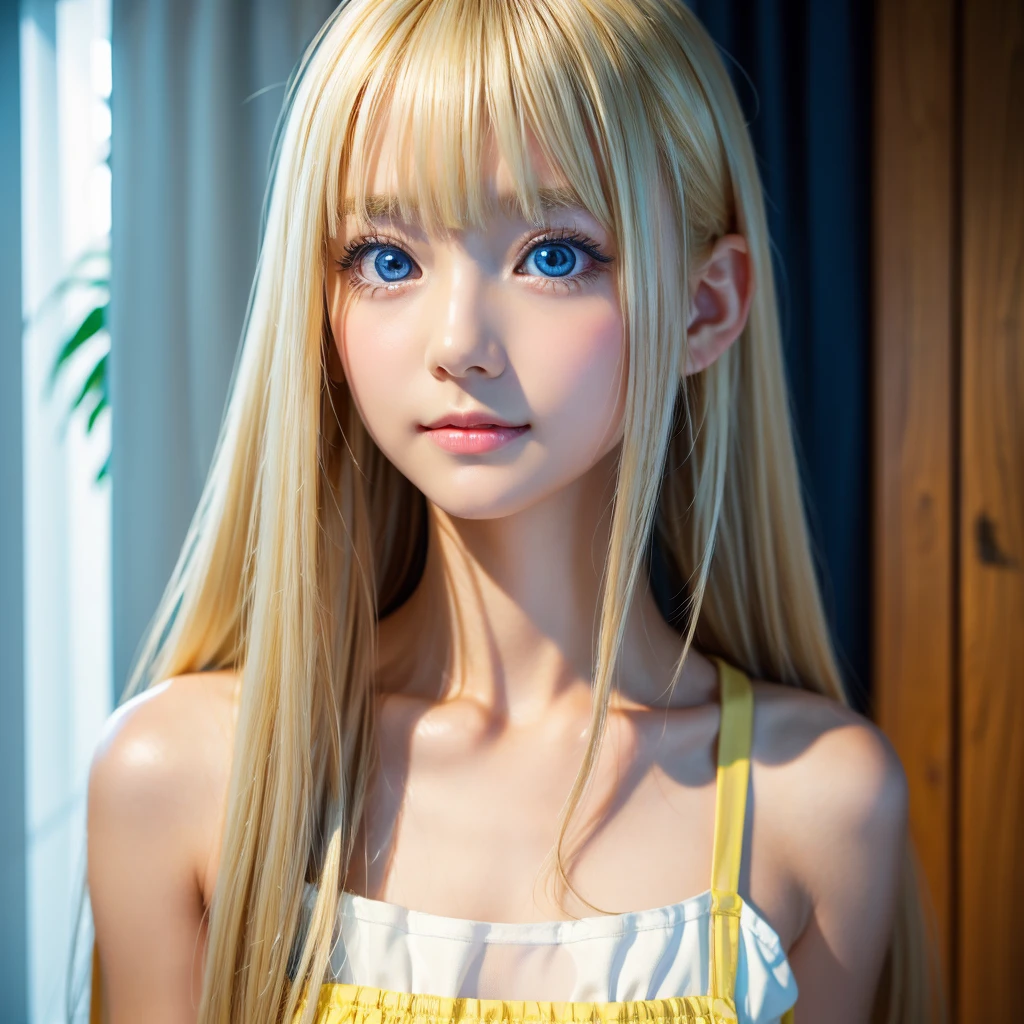 (close:1.4)、(RAW shooting:1.2)、(Realistic:1.4)、(masterpiece:1.3)、(highest quality:1.4)、Bright expression、very beautiful blonde girl、extraordinary blonde beauty、A cute and beautiful face down to the last detail、Beautiful Bangs、Glowing white shiny skin、Facial hair、Bangs on the face、Bangs between the eyes、Super long blonde hair、Attractive bright platinum blonde super long straight silky hair、Thin Hair、Beautiful bright transparent light blue big eyes that are charming and shining、White apron、Yellow Dress、eyeliner、double eyelid、Face facing straight ahead、Upper Body、