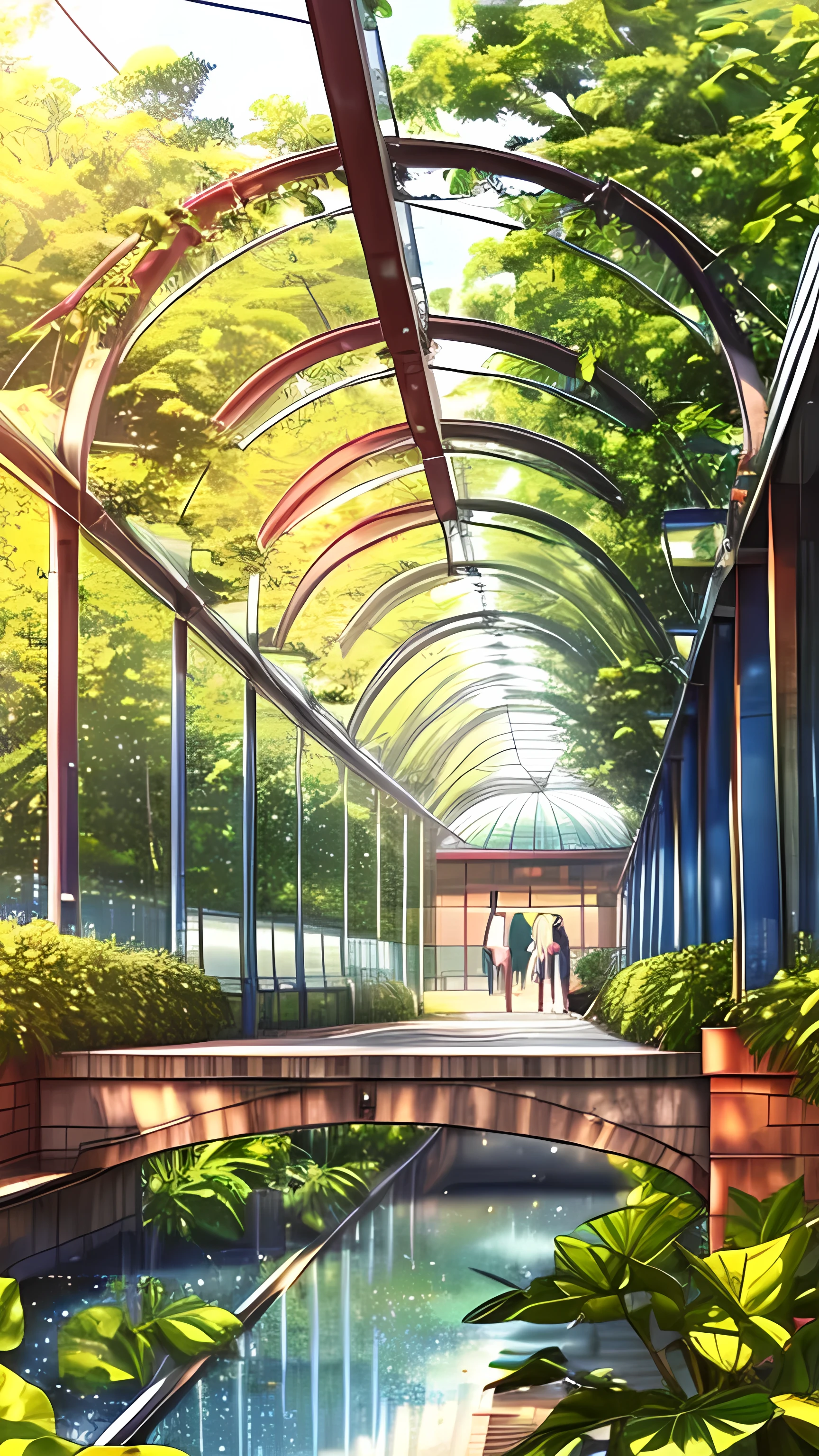 A sprawling railway station rises majestically amidst lush, verdant surroundings, exuding an aura straight out of an anime dreamscape. The structure boasts a futuristic yet harmonious design, seamlessly blending with nature. Towering above, the roof of the station is an architectural marvel, constructed entirely of bright blue glass that mimics the sky. The glass is imbued with a special quality that captures and reflects sunlight, creating a dazzling, twinkling, and sparkling effect that enchants all who pass through.
As sunlight streams through the glass, the entire station is bathed in a serene, otherworldly glow. The blue glass roof arches gracefully, casting shimmering patterns of light and shadow that dance across the polished marble floors. These sparkling reflections give the illusion of a sky filled with stars, even in the middle of the day.
Flanking the station are meticulously maintained gardens bursting with greenery. Tall trees, vibrant flowers, and lush shrubs create a refreshing, natural ambiance. The verdant landscape extends into the station itself, with climbing vines and hanging plants adorning the walls, blending seamlessly with the station’s sleek, modern lines.
Inside, the spacious concourse is filled with natural light, enhanced by the sparkling blue ceiling. Comfortable seating areas are interspersed with planters brimming with colorful blooms and cascading foliage. The sound of trickling water from artistically designed fountains adds to the tranquil atmosphere, providing a soothing background melody.
Passengers meander through the station, captivated by its beauty. Some pause to take in the mesmerizing play of light, while others relax on benches surrounded by greenery, waiting for their trains. The platforms, too, are adorned with lush planters, ensuring that the connection to nature is felt at every step.
In this enchanting setting, the railway station becomes more than just a transit point; it transforms into a serene, sparkling oar