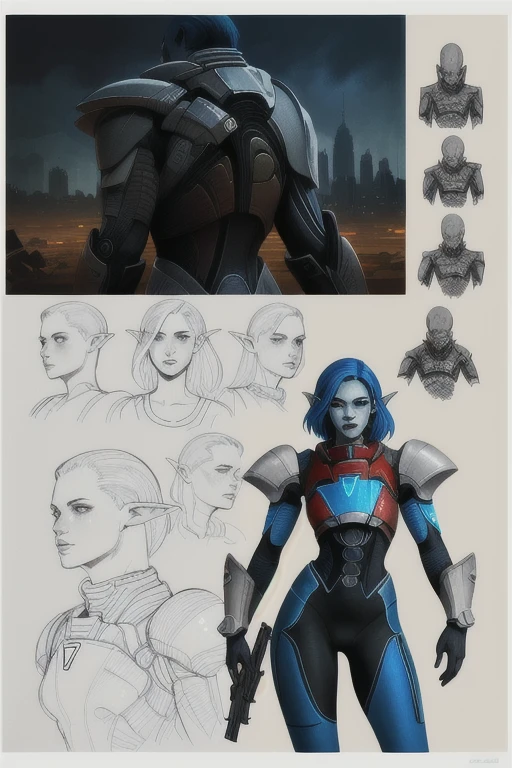 (character design sheet of female Life Support Robot) realistic, detailed, camera eyes, metalic face and skin, bold head, no hair, flexible armor, standing posture, light background, vibrant colors, professional concept art style, high resolution, studio lighting, fine details, fry pan, two-handled pot, single-handled pot, kitchen knife, ladle, spatula, tongs, broom, mop, vacuum cleaner, brushes , dynamic pose, gigantic breasts