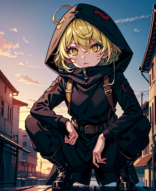 ice wallenstein, Behind Wallenstein, blonde hair, hair between eyes, hair band, long hair, (yellow eyes:1.5), hood up,black mask,Severe,black ninja uniform,ninja,black shinobi pants,boots,action pose,Medieval European-style building,Looking down from the rooftop,break (masterpiece:1.2), highest quality, High resolution, unity 8k wallpaper, (shape:0.8), (beautiful and detailed eyes:1.6), highly detailed face, highly detailed fingers,perfect lighting, Very detailed CG, (perfect hands, perfect anatomy),