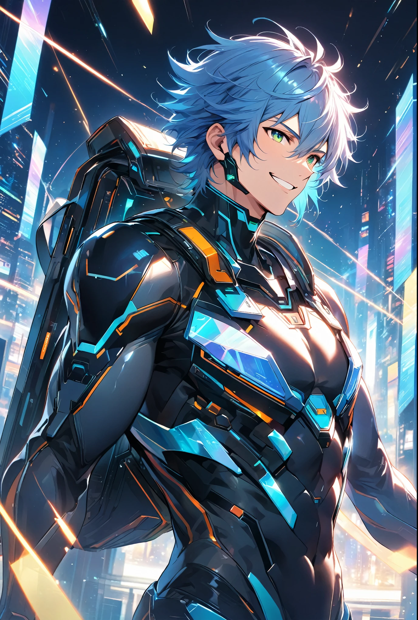 A friendly and charismatic male character in a futuristic black and blue cyber suit with glowing LED lines, short spiky blue hair, and sharp green eyes. He is tall, muscular, and has an energy backpack on his back. The character is smiling warmly and in a relaxed posture, exuding a welcoming and approachable aura. The background is a digital cityscape with floating holographic elements and light effects, representing a cybernetic world.,