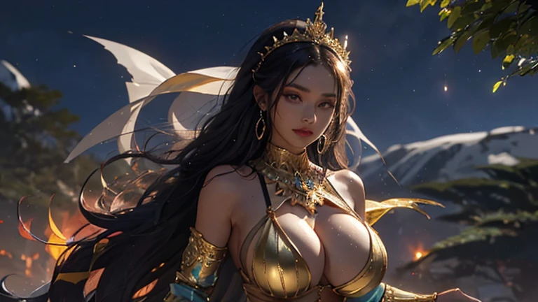 A woman in a golden transparent dress,View Viewer,(((Huge breasts, University of Kili))),Slim waist,(Navel exposed,Bare waist), long hair, extreme detailed details,High-end real station, Heavy rain scene, Detailed fantasy art, Stunning character art, Beautiful and exquisite character art, Beautiful gold and silver armor, Very detailed, girl in shining armor, Exquisite headpieces and jewellery,crystal jewelry filigree, Galaxy, Stunning visuals, (Dynamic Stripes, light track:1.2), Vibrant colors,