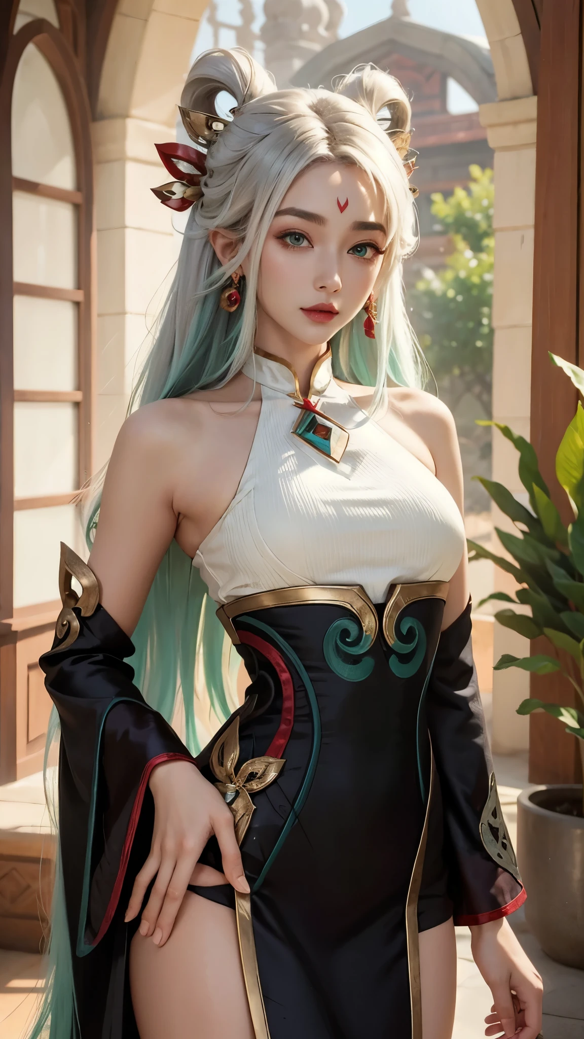 (masterpiece, best quality:1.2), intricate details, mythmaker irelia, 1girl, hair ornament, hair rings, bare shoulders, dress, detached sleeves, forehead mark, multicolored hair, white hair, earrings, green eyes, textured skin, looking at viewer, solo, light smile, (mature female:1.2),sexy pose