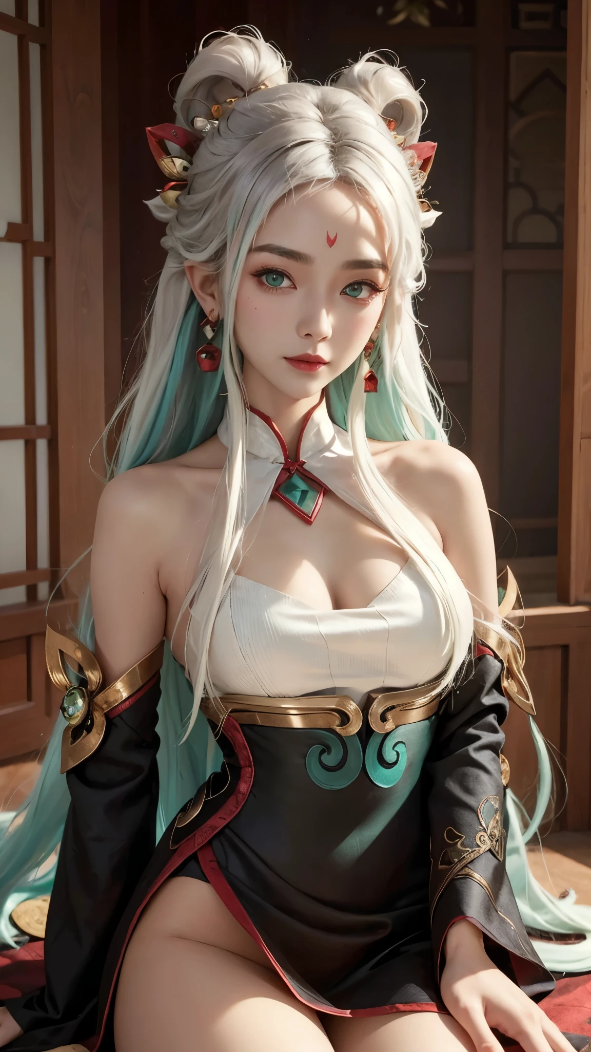 (masterpiece, best quality:1.2), intricate details, mythmaker irelia, 1girl, hair ornament, hair rings, bare shoulders, dress, detached sleeves, forehead mark, multicolored hair, white hair, earrings, green eyes, textured skin, looking at viewer, solo, light smile, (mature female:1.2),sexy pose