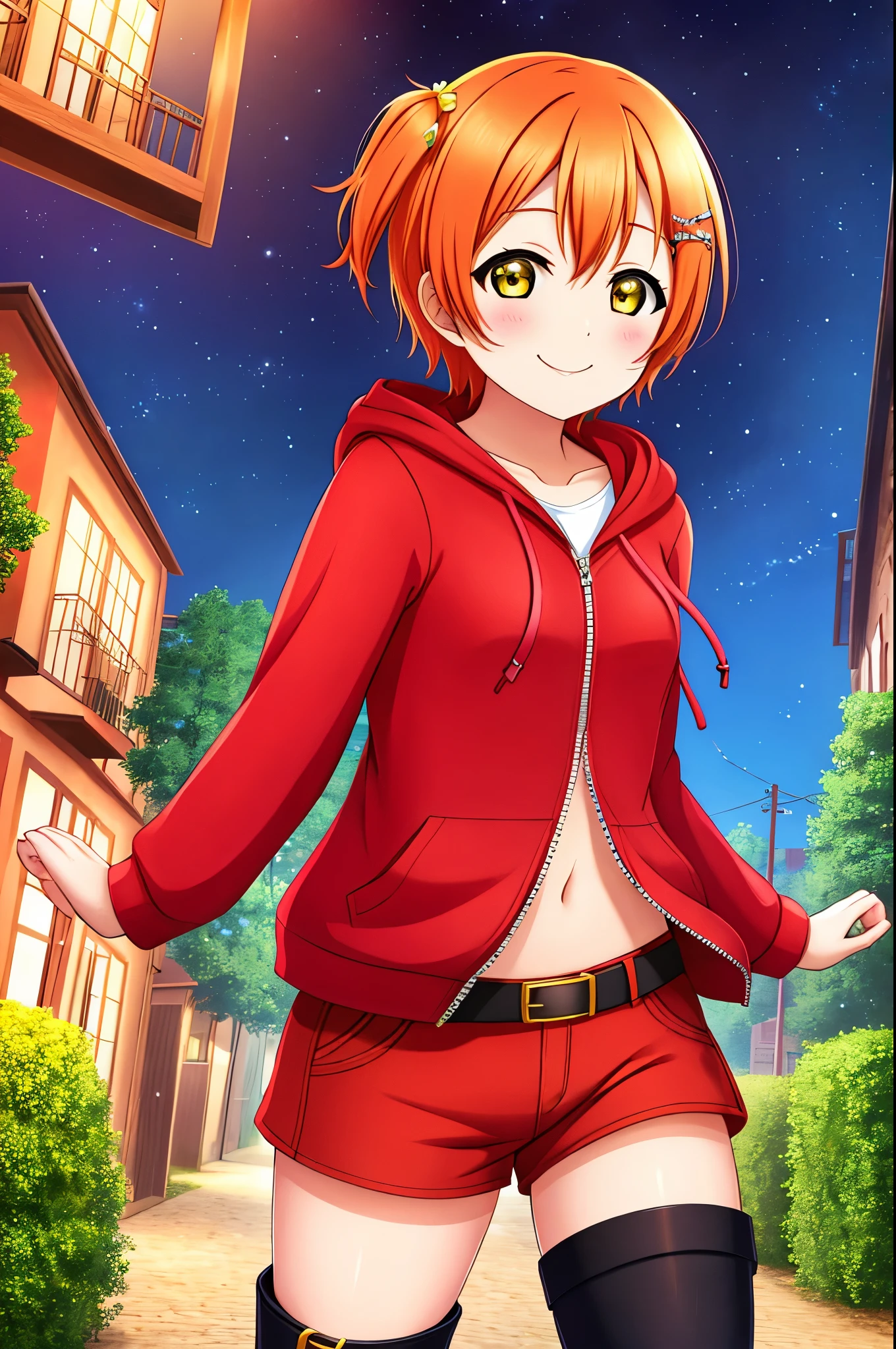 Masterpiece, best quality, cowboy shot, Hoshizora rin, orange hair, floating hair, yellow eyes,solo, looking_at_viewer, blush, short_hair, long_sleeves, collarbone, yellow_eyes, hair ornaments, village street, hood, bare_legs,red hoodie, navel ,standing, hood_down, zipper,thicc thighs,red shorts, normal belt, smile , night 