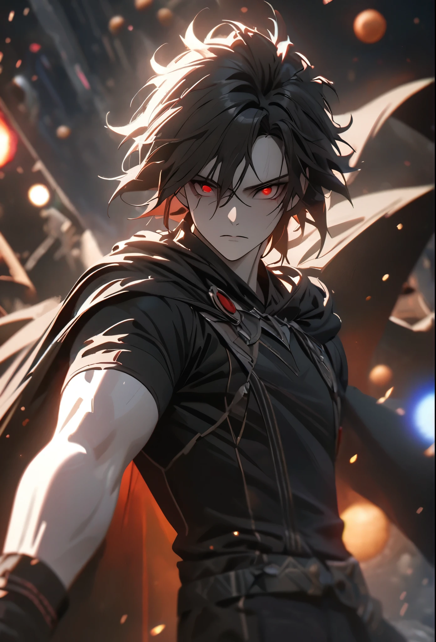(solo), black hair, messy hair, mane hair, short hair, dense hair, wild hair, expressive hair, mature,(25 year old), pale skin, red eyes, ((male)), handsome male, serious, wearing a black robe, black shirt with rolled up sleeves, black cape, black pants, black gloves, sword, beautiful, crazy, attractive, eye reflection, depth of field, thunder aura,cinematic lighting, ray tracing, depth of field, cinematic lighting, ray tracing, UHD, high details, best quality, highres, high quality, award winning, super detail, masterpiece, 8k, UHD, high details, best quality, highres, high quality, award winning, super detail, masterpiece, 8k, digital art, anime coloring, body shot, good face, perfect face, detailed face, good eyes. in Space, stars and planets