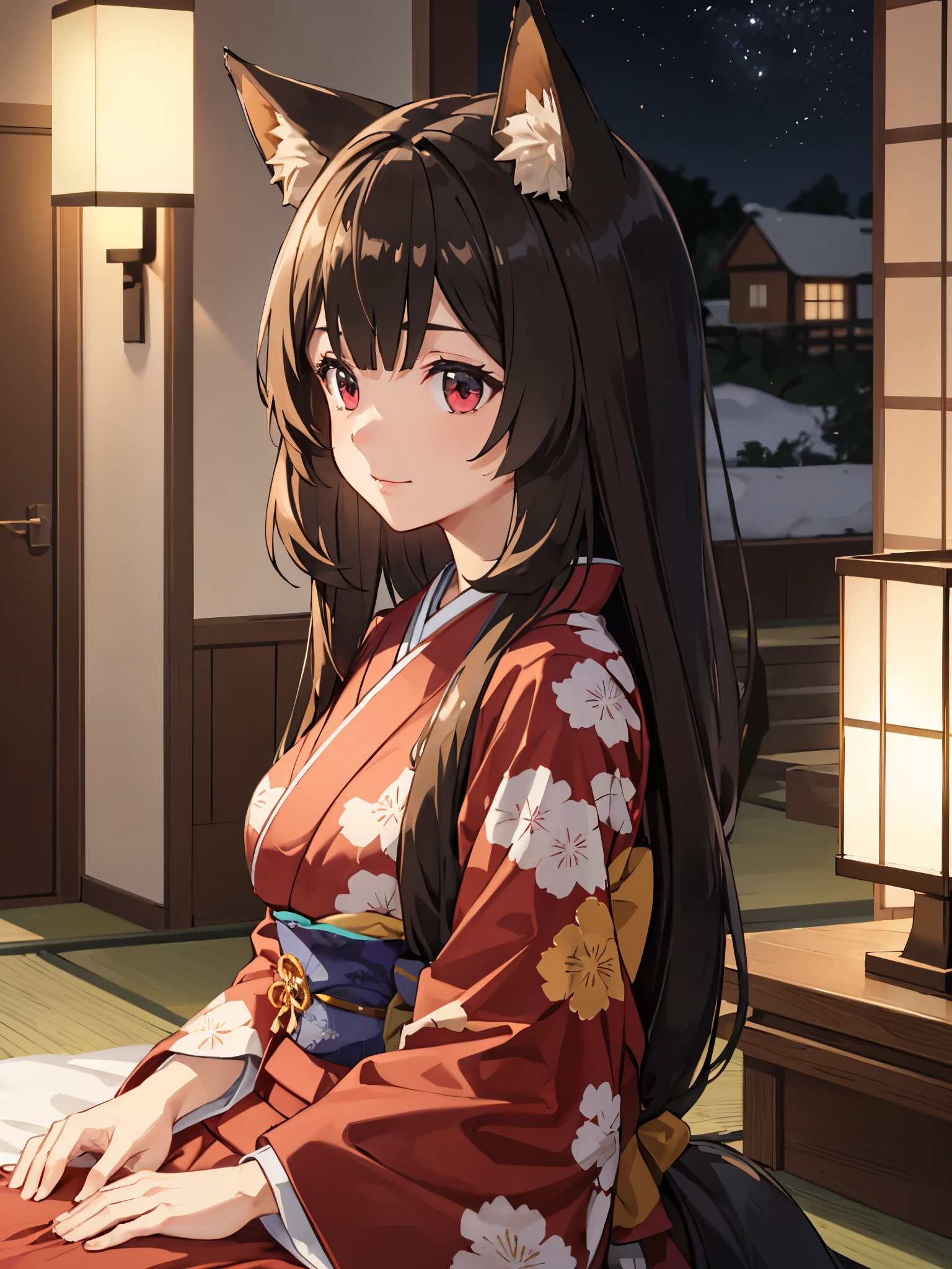 (Best quality), (extremely detailed CG Unity 8k wallpaper), (very detailed), ((absurdity)), Detailed beautiful eyes,Facing right, camera angle from the side, photo from the side,
Raphtalia, Red eyes, black hair, fox tail, fox ears, 1 girl, Wearing kimono, red kimono, red kimono,slight smile,big breast,sitting in bed,, at night, Japanese house