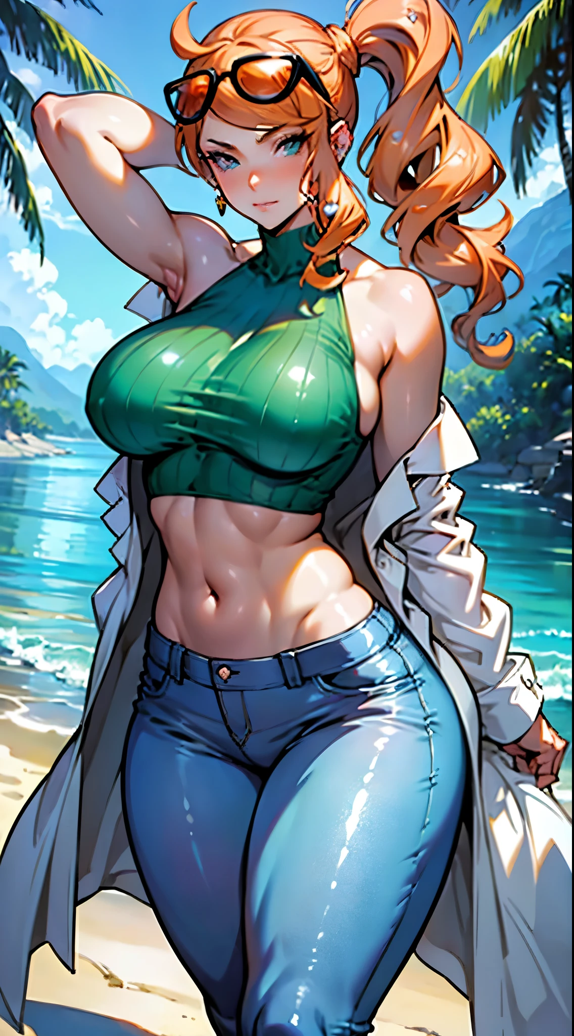 a close up of a cartoon of a woman with large breasts, sexy body, Sonia from pokemon, cutesexyrobutts, artgerm and lois van baarle, style artgerm, high quality fanart, unparalleled masterpiece, crop top, tight pants, lab coat, arms behind head, ultra realistic 8k CG, perfect artwork, (1girl:1.1), solo, ((perfect female figure)), looking at viewer, (teasing), best quality:1.1 , seductive posture, sexy pose, alluring, (beautiful), earrings, jewelry, (large breasts:1.3, (big_breasts:1.1), slender body:1.2, (shiny skin:1.2), (hdr), (tropical paradise:1.2), Nikon D850 film stock photograph Kodak Portra 400 camera f1.6 lens, rich colors, lifelike texture, dramatic lighting, unreal engine, trending on ArtStation, by Gerald Brom, by Frank Frazetta, by Luis Royo, by Julie Bell, by Boris Vallejo