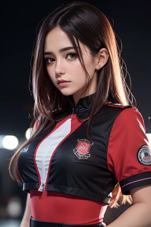 2d, obra maestra, mejor calidad, realista, muy detallado, 1 chica, cuerpo entero, busto grande y detallado, caderas angosta,solo, yuri, ojos morados, cabello purpura, pelo entre los ojos, Pinza para el cabello, uniforme escolar gastado por combate, cara de yandere, escenario futurista, avisos de neon, noche lluviosa, arma tactica,