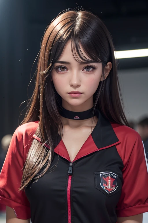 2d, obra maestra, mejor calidad, realista, muy detallado, 1 chica, cuerpo entero, busto grande y detallado, caderas angosta,solo, yuri, ojos morados, cabello purpura, pelo entre los ojos, Pinza para el cabello, uniforme escolar gastado por combate, cara de yandere, escenario futurista, avisos de neon, noche lluviosa, arma tactica,