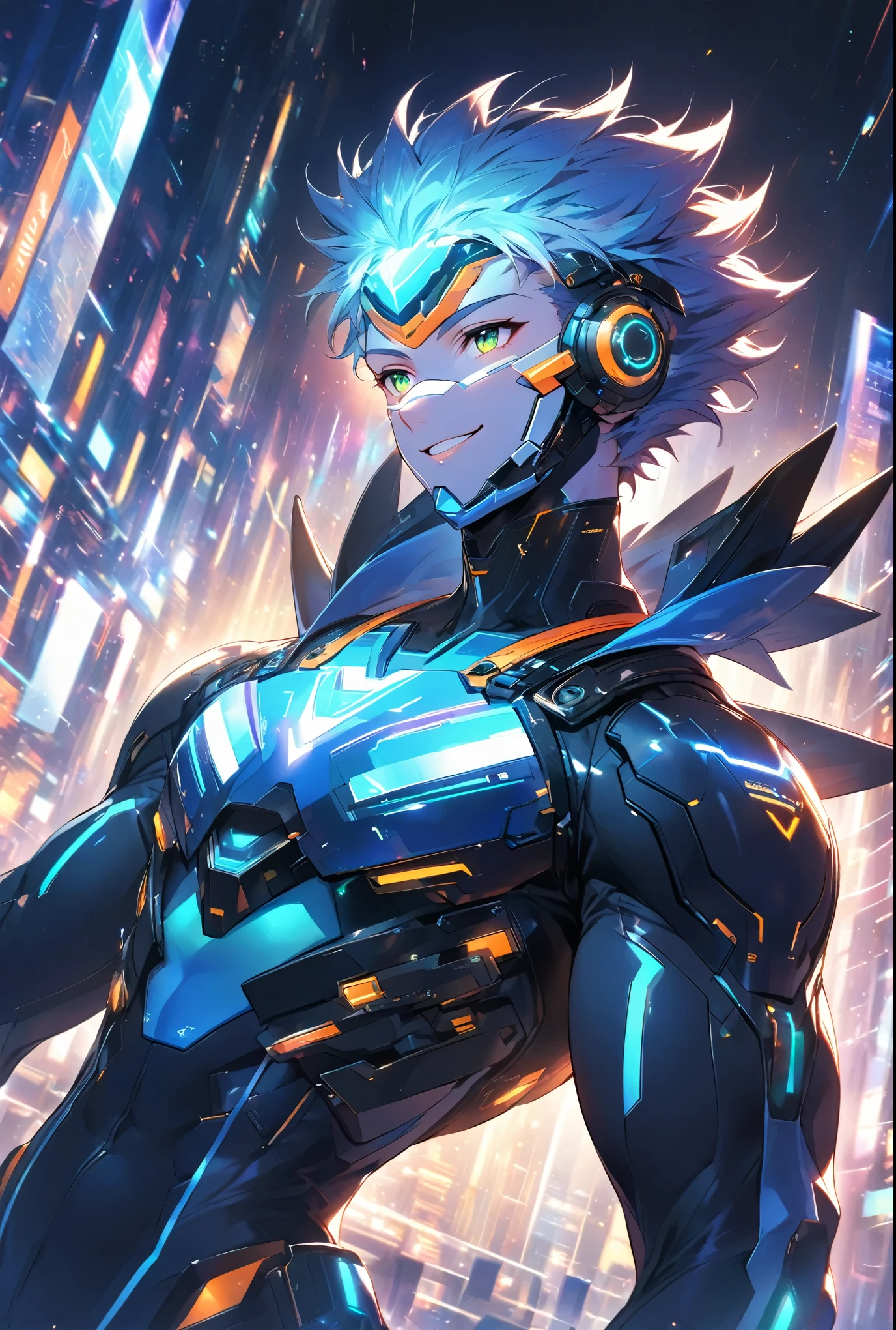 A friendly and charismatic male character in a futuristic black and blue cyber suit with glowing LED lines, short spiky blue hair, and sharp green eyes. He is tall, muscular, and has an energy backpack on his back. The character is smiling warmly and in a relaxed posture, exuding a welcoming and approachable aura. The background is a digital cityscape with floating holographic elements and light effects, representing a cybernetic world.,Face masks,Pale-white glowing forehead protector,