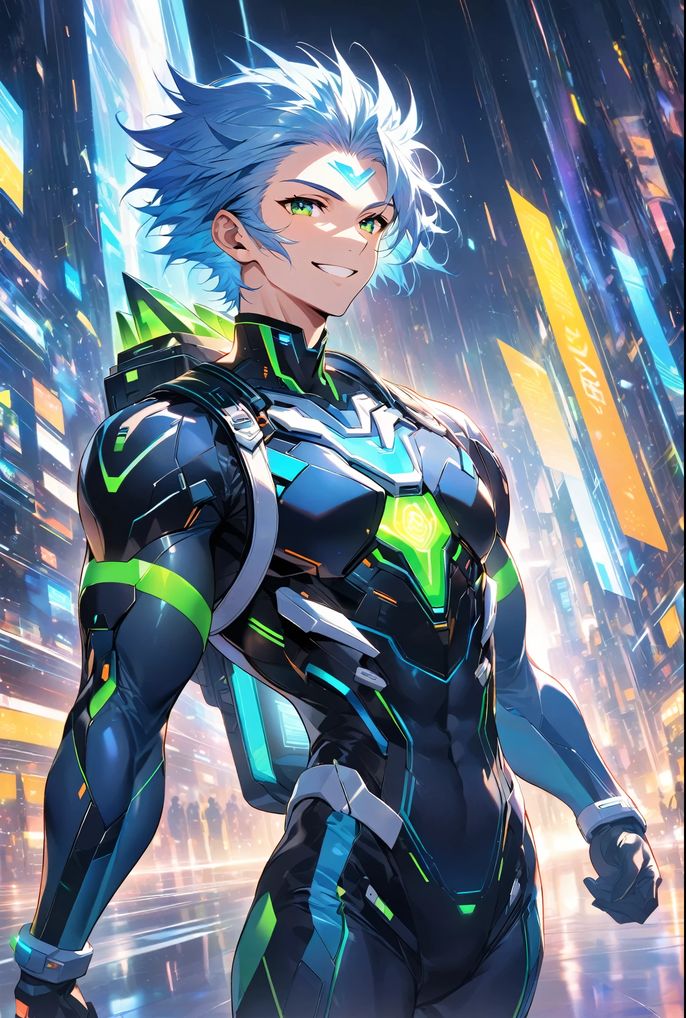 A friendly and charismatic male character in a futuristic black and blue cyber suit with glowing LED lines, short spiky blue hair, and sharp green eyes. He is tall, muscular, and has an energy backpack on his back. The character is smiling warmly and in a relaxed posture, exuding a welcoming and approachable aura. The background is a digital cityscape with floating holographic elements and light effects, representing a cybernetic world.,Face masks,Pale-white glowing forehead protector,
