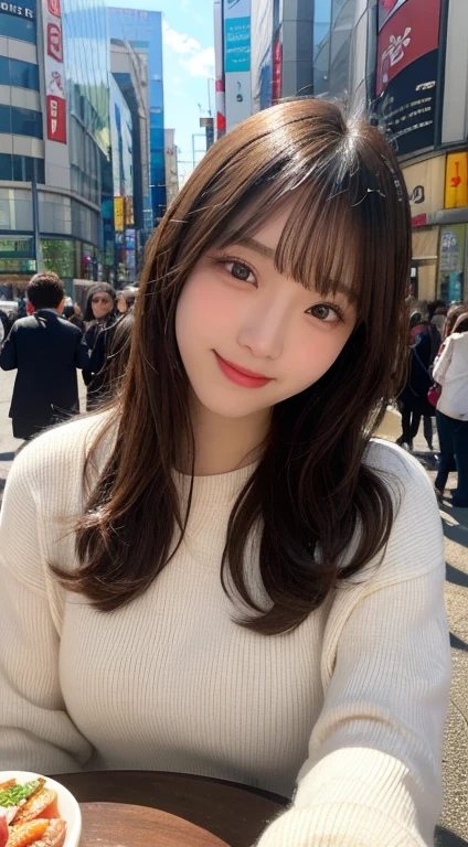 Realistic Skin,In detail, High resolution, high quality、Perfect dynamic composition, Beautiful fine details, Medium Hair, 、Natural color lip,Kamimei、Shibuya Ward、20-year-old girl、1 person、Clear Skin、Shiny Hair、Tabletop, 最high quality, figure, Super detailed, In detail, High resolution, 8k、The correct state of the human body、from below、Laughter，Hair dancing in the wind,thick,Winters,your,Temperature 0°C,（cheers）、（victory）