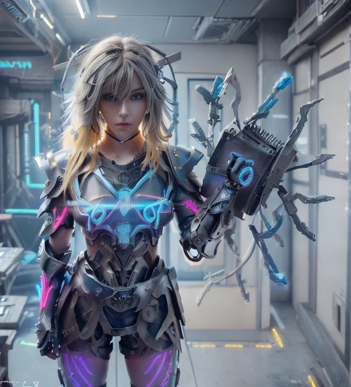 (Photorealistic:1.4) 1 beautiful girl, (((cyberpunk grey armour technological with blue neon decourations))), ((blonde straight hairs)), ultra beautiful cute, perfect, with a book that emits purple lightnings, 12k, UHD, PHOTOREALISTIC, ULTRA REALISTIC, raw photo, insane details, masterpiece, ((babe gorgeous the most beautiful in the world))