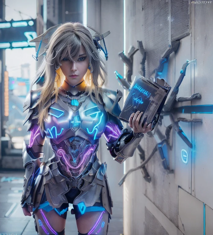 (Photorealistic:1.4) 1 beautiful girl, (((cyberpunk grey armour technological with blue neon decourations))), ((blonde straight hairs)), ultra beautiful cute, perfect, with a book that emits purple lightnings, 12k, UHD, PHOTOREALISTIC, ULTRA REALISTIC, raw photo, insane details, masterpiece, ((babe gorgeous the most beautiful in the world))