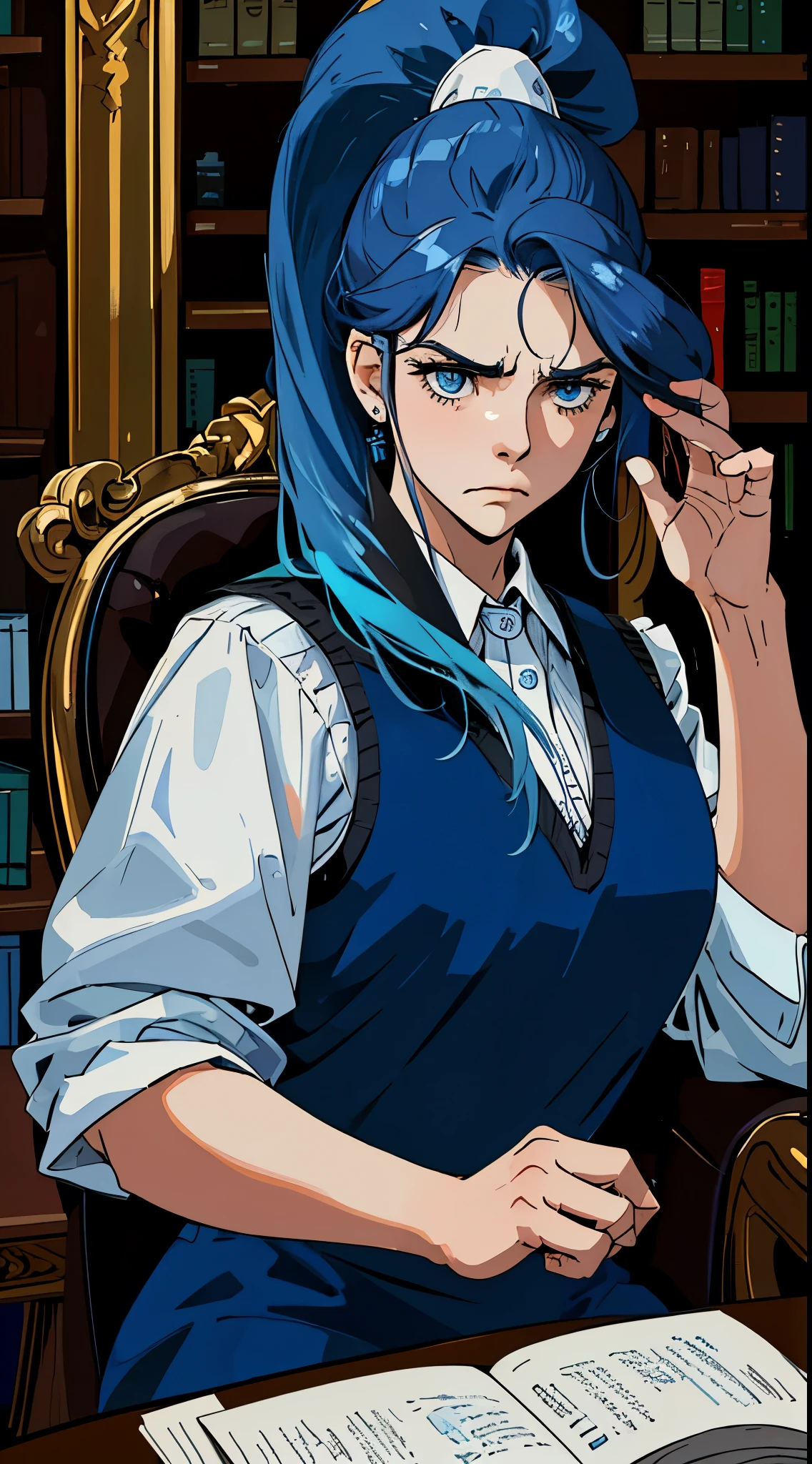 25-year-old woman，(reading, focused, frowning), (tilted head), blue long hair, attached into a ponytail, blue eyes, blue vest, white shirt, sitting on a chair into a library，dim light, face lighting，best qualtiy，8K, 4k, uhd