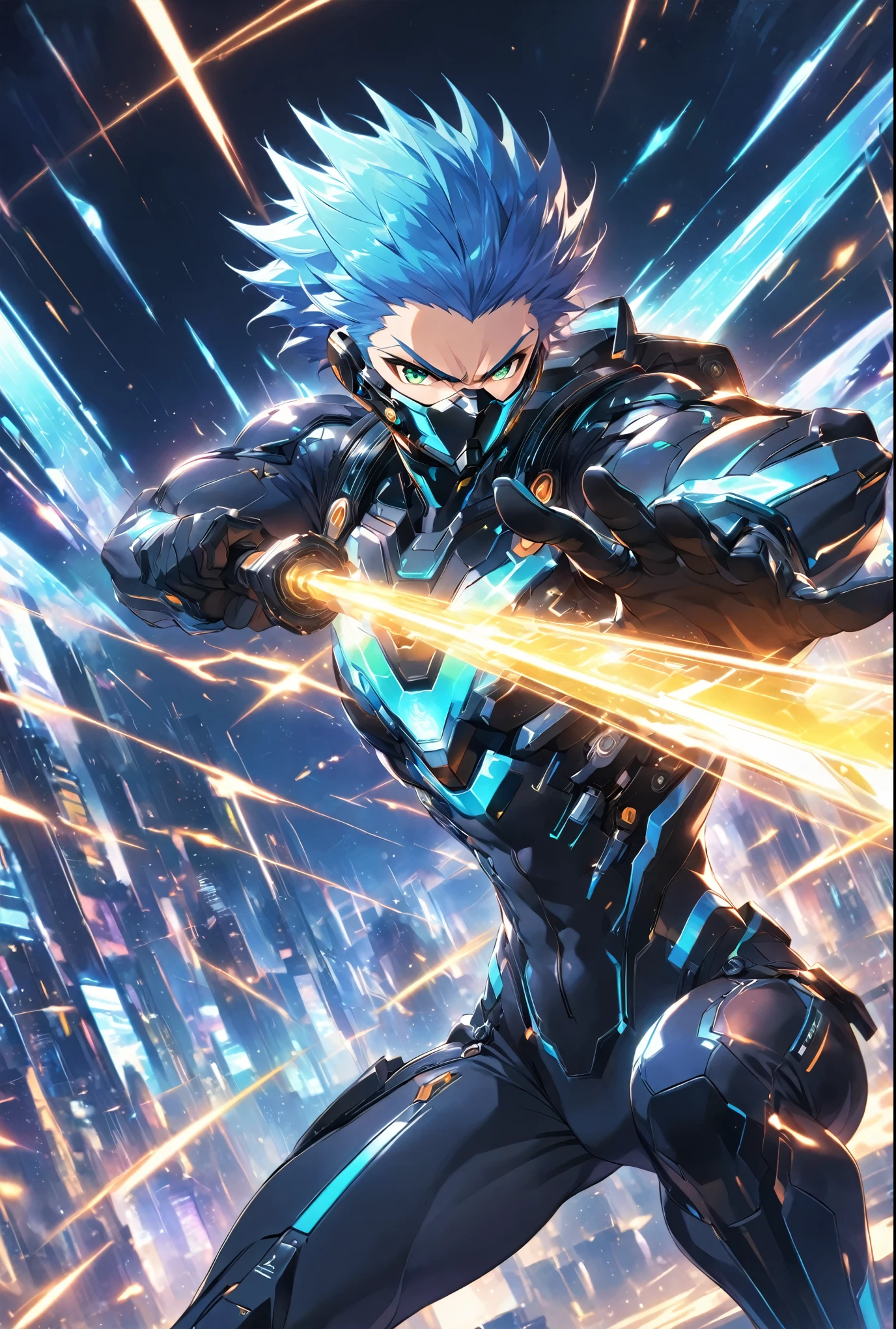 Dynamic male character in futuristic black and blue cyber suit with glowing LED lines, Short, spiky blue hair, Sharp green eyes. He is tall, Muscular, He carries an energy backpack on his back.. Characters are in fighting poses, Wield the energy blade, With a serious and concentrated expression. Background、A digital cityscape featuring holographic elements and light effects。, Expressing a cybernetic world.,Battle Style,Dynamic Pose,cool,The best composition,Intricate details,Very detailed,Disorganized,Face masks,