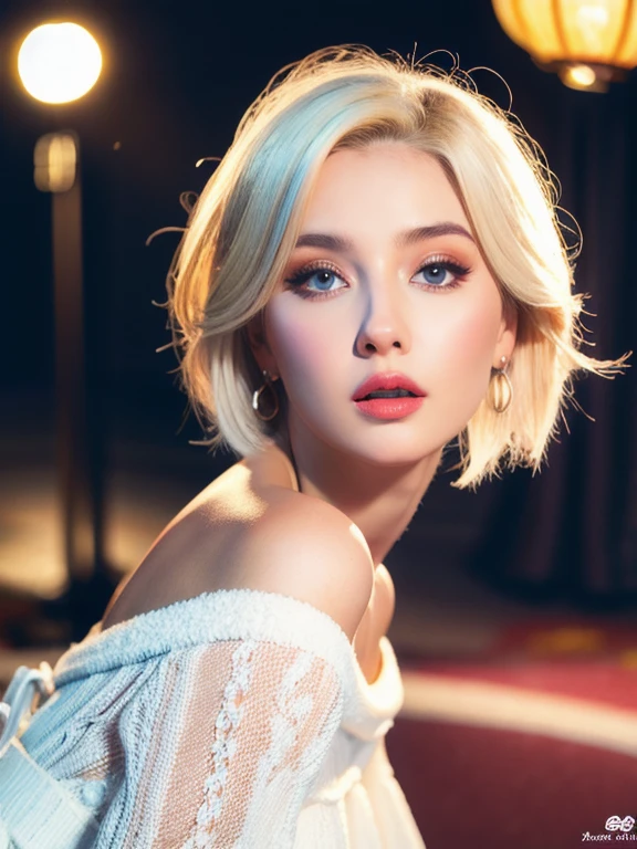 masterpiece, highest quality, (solo focus), (perfect face:1.1), (high detail:1.1), (hyper detailed eyes), 1 ultra hot sexy slim curvy body girl, (white pale skin), short cut messy white hair, full waist up pose , upper knees pose ,ethereal eyes, (light eyebrows), solo, half-opened off shoulder transparent white luxury tightly short suit, pouty lips, fur, sexy alluring expression, detailed background, art by artgerm, bright cinematic lighting, adults movies climax Style