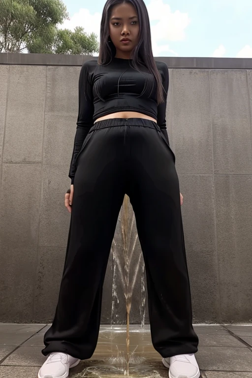 Malay Girl thin body sees the ghost and pees her black palazzo pants until her pants are wet in fright.