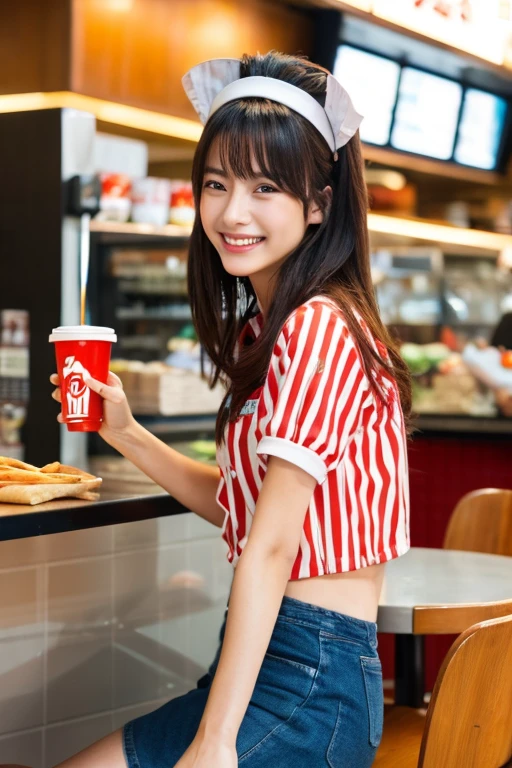 highest quality、masterpiece、High sensitivity、High resolution、One Woman、Fast food worker、smile、Thin thighs、